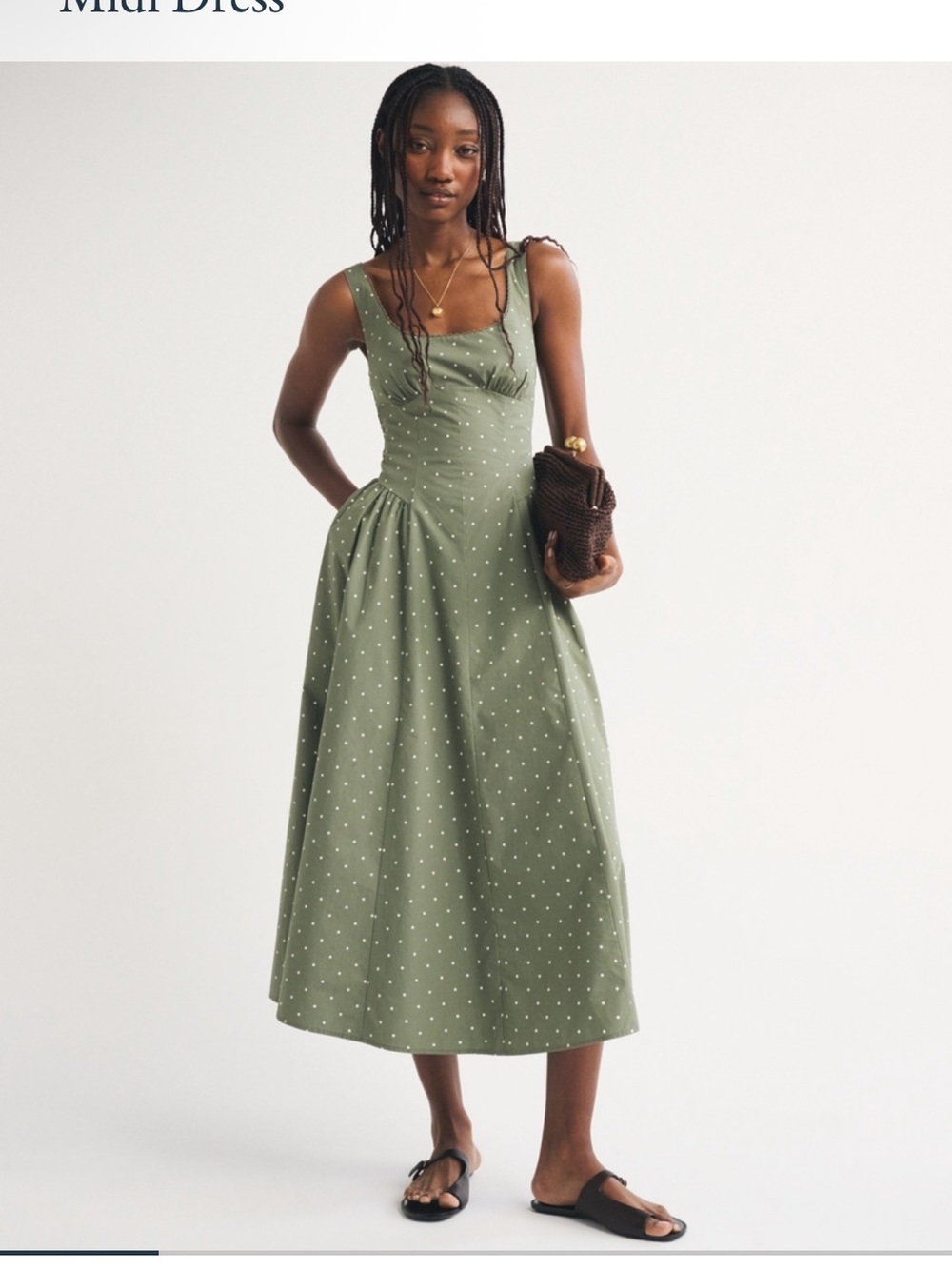 Abercrombie & Fitch Olive Green Polka Dot Scoop-Neck Midi Dress - Picture 2 of 2